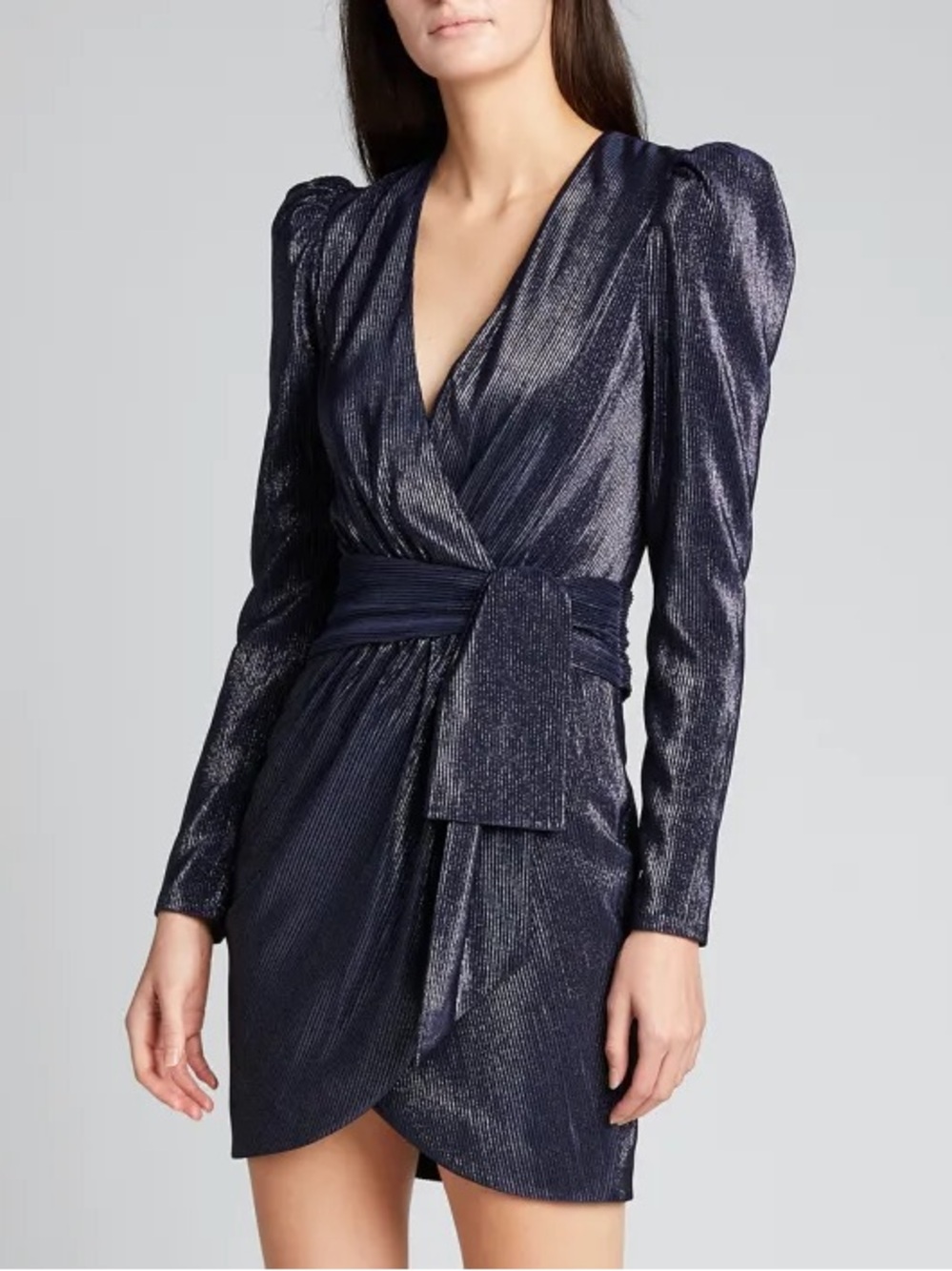 Jonathan SIMKHAI Spencer Metallic Midnight Blue Faux Wrap Puff Mini Dress EUC 4